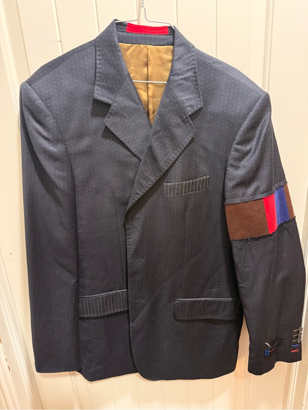 Men's Navy Pin-dot Blazer with Color-Block Sleeve Accent
